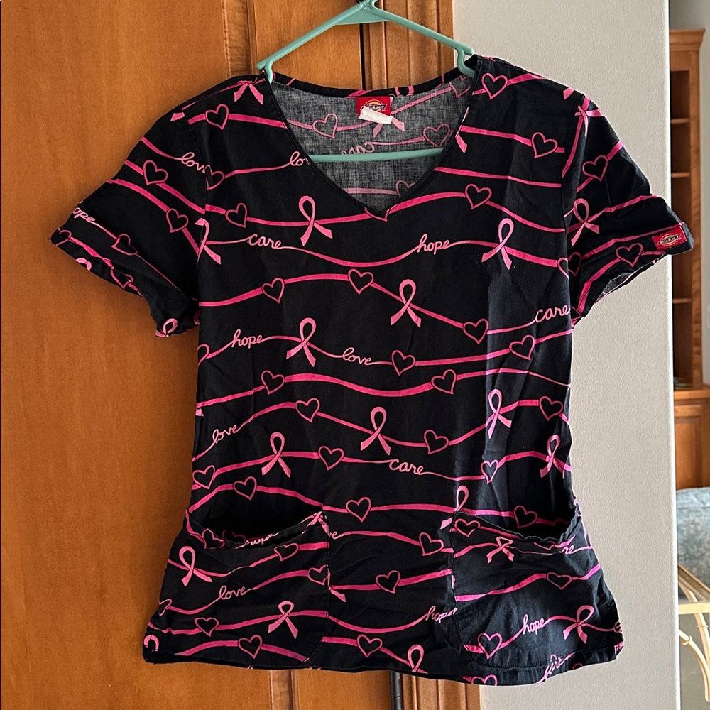 Dickies Breast Cancer Awareness Pink Ribbon Scrub Top V-Neck Small S